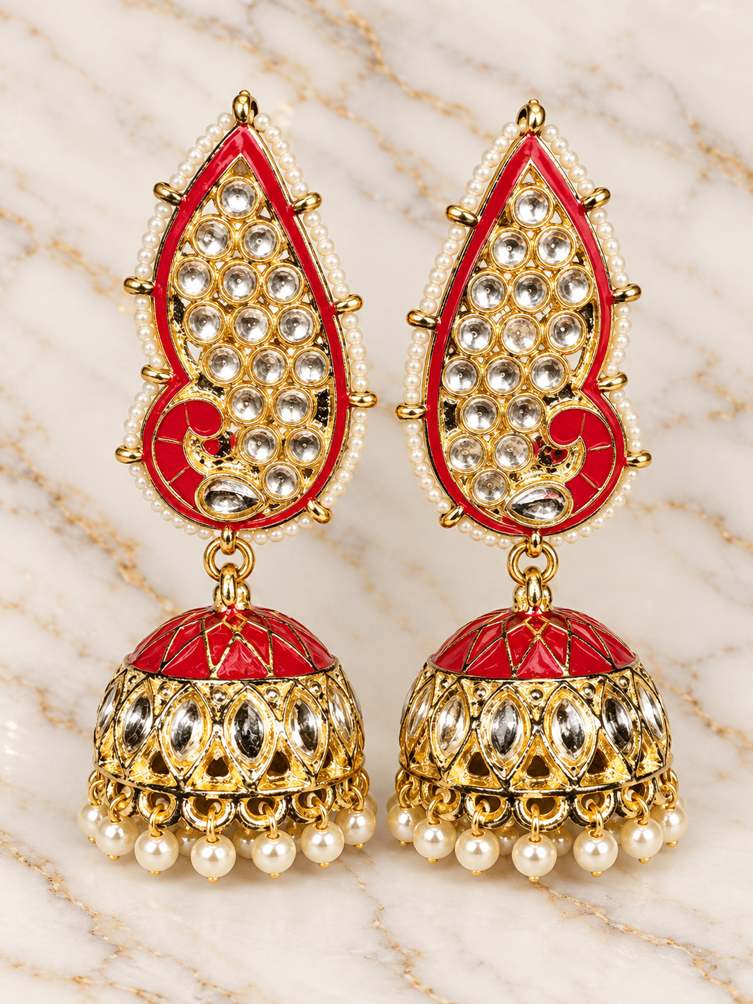 Red & Gold Kundan Jhumka Earrings with Pearl Accents – PSK ELEGANCE