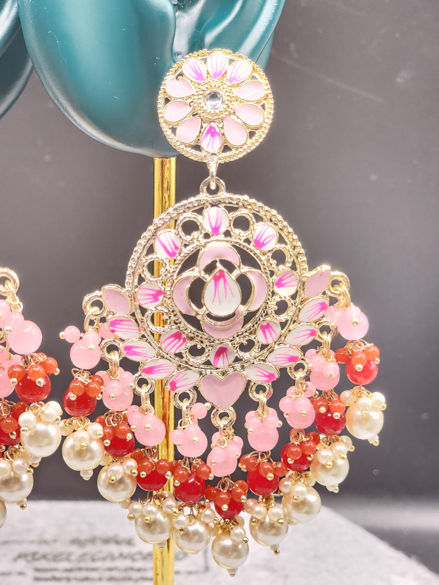 Pink Red Floral Chandbali Earrings | Pearl Bead Indian Statement Earrings