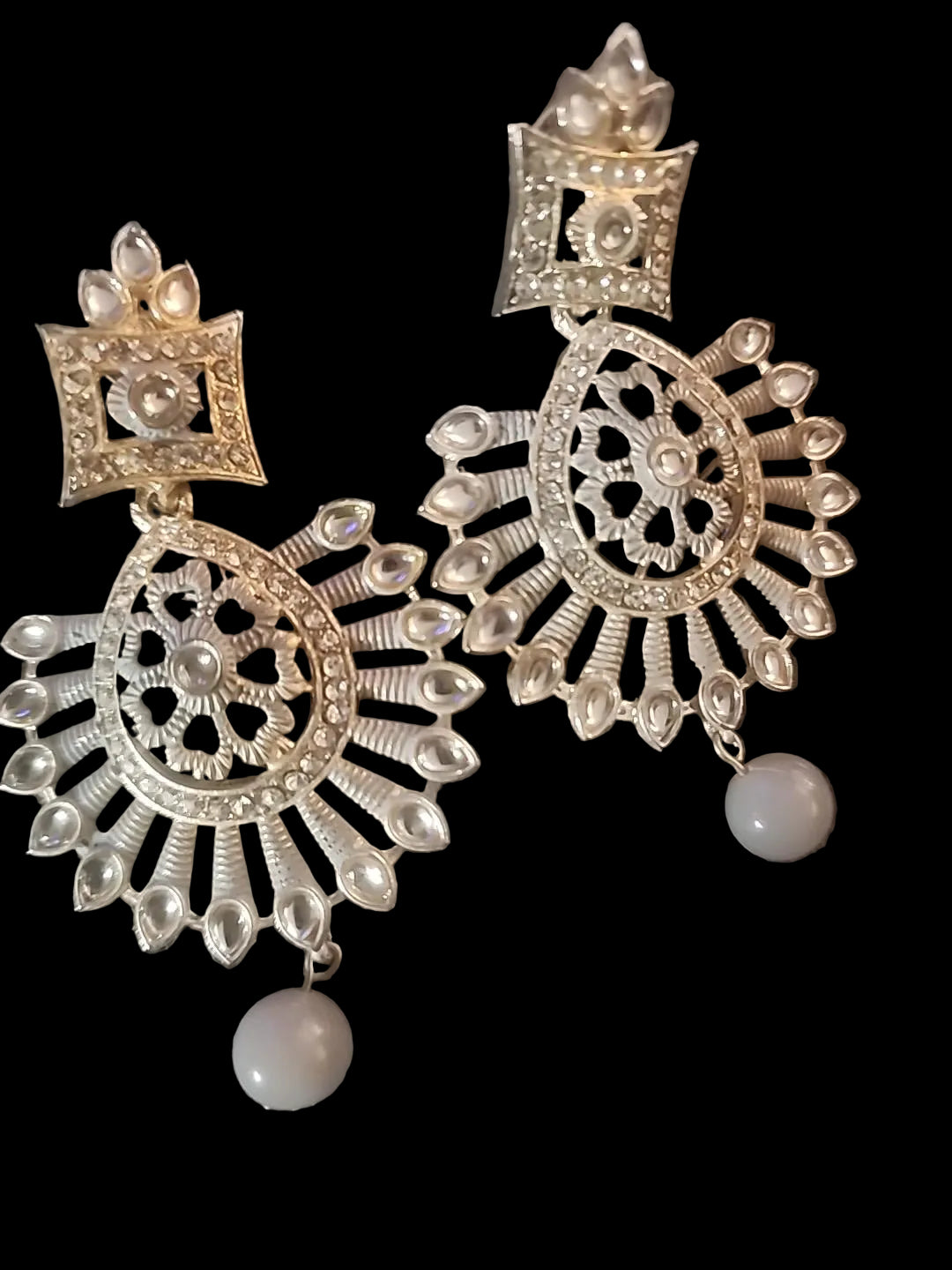 Kundan & Silver Grey Crystal Pearl Chandelier Earrings