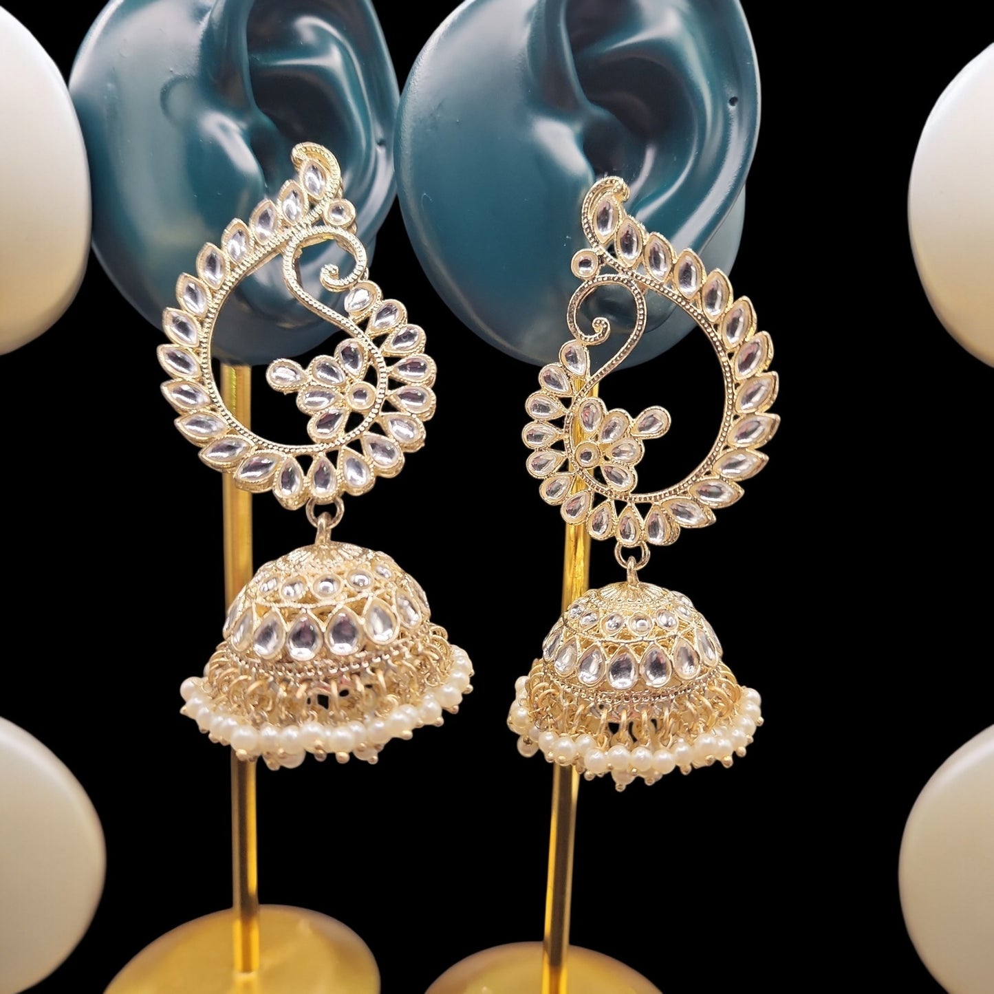 Gold Kundan Paisley Jhumka Earrings | Pearl Drop Indian Statement Earrings