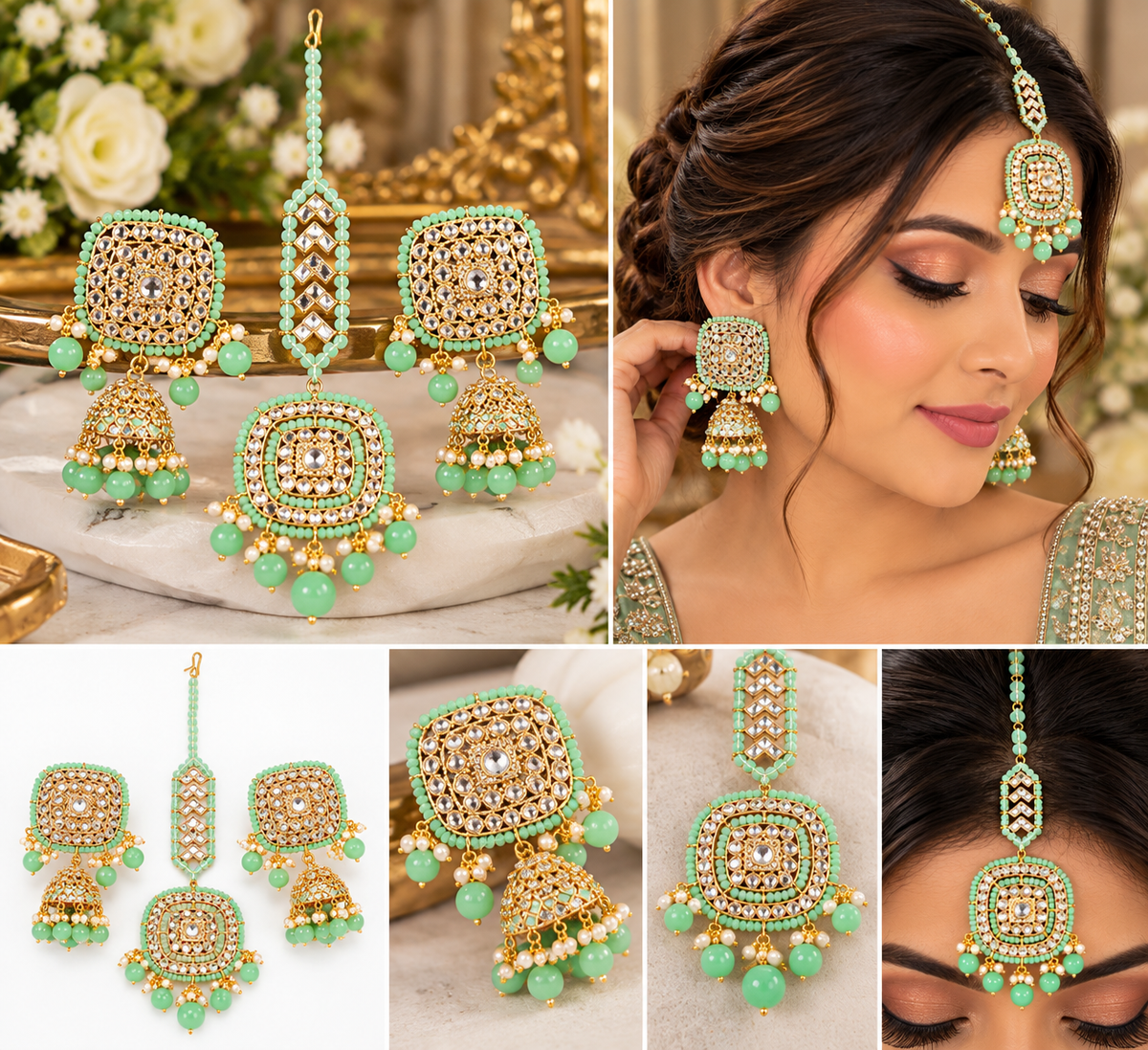 Mint Green Kundan-Style 3-Piece Jewelry Set | Earrings & Maang Tikka