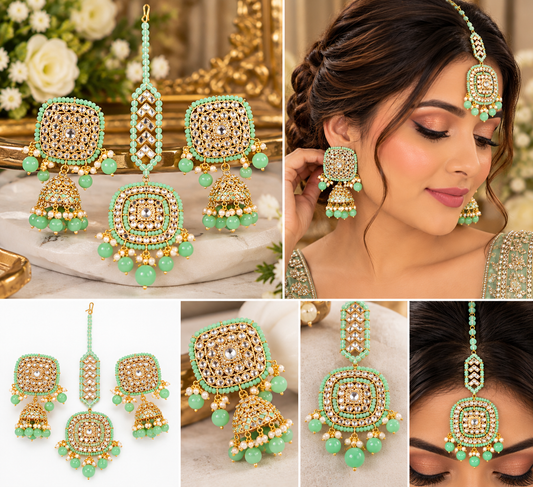 Mint Green Kundan-Style 3-Piece Jewelry Set | Earrings & Maang Tikka