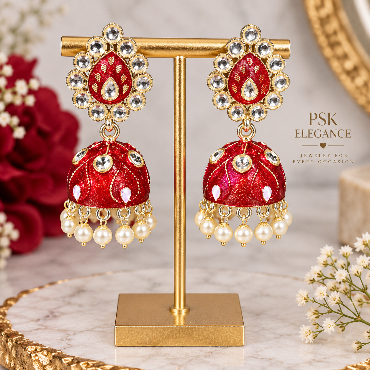 Red Meenakari Jhumka Earrings