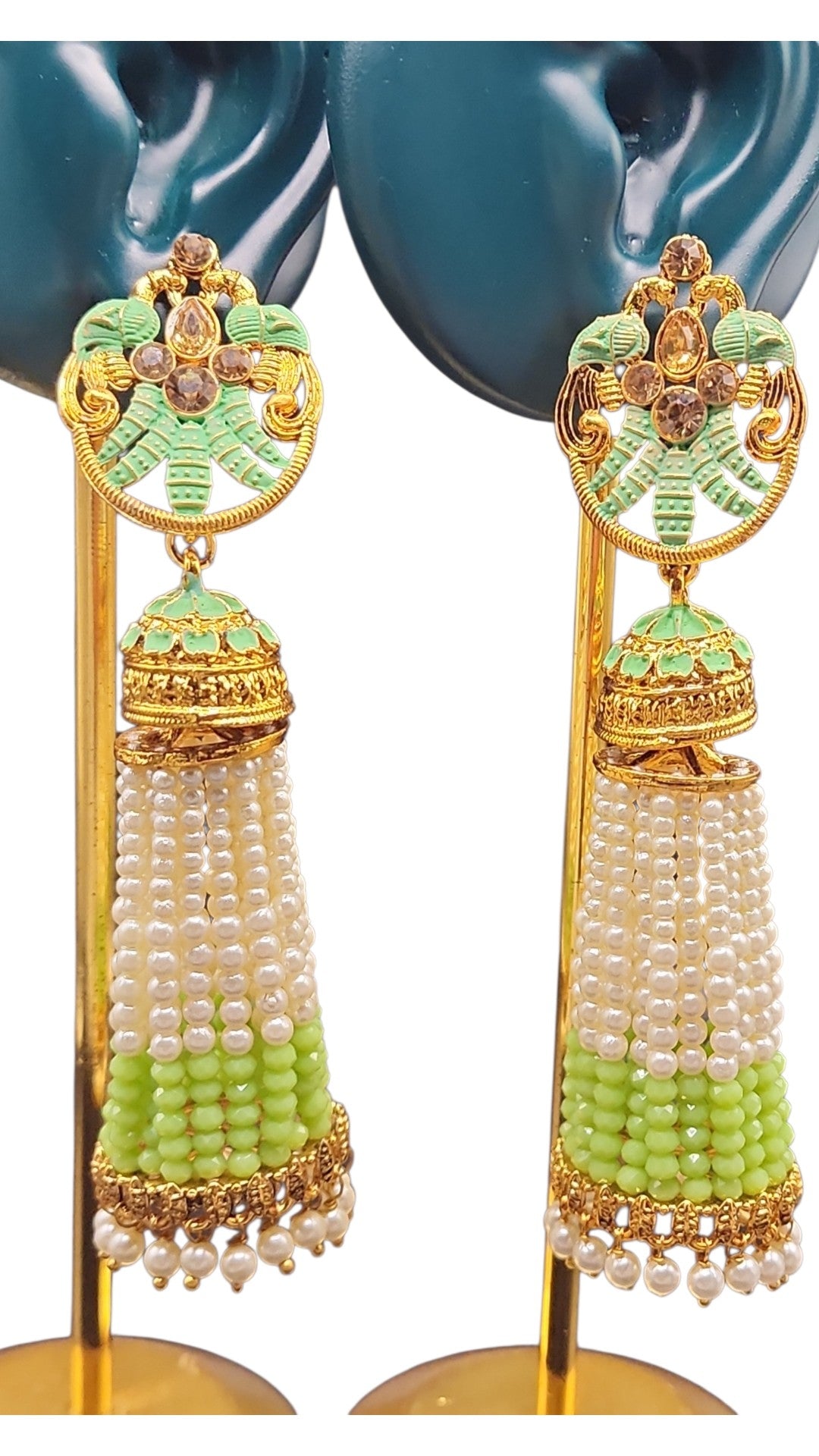 Mint Green Pearl Tassel Jhumka Earrings | Gold Indian Statement Earrings