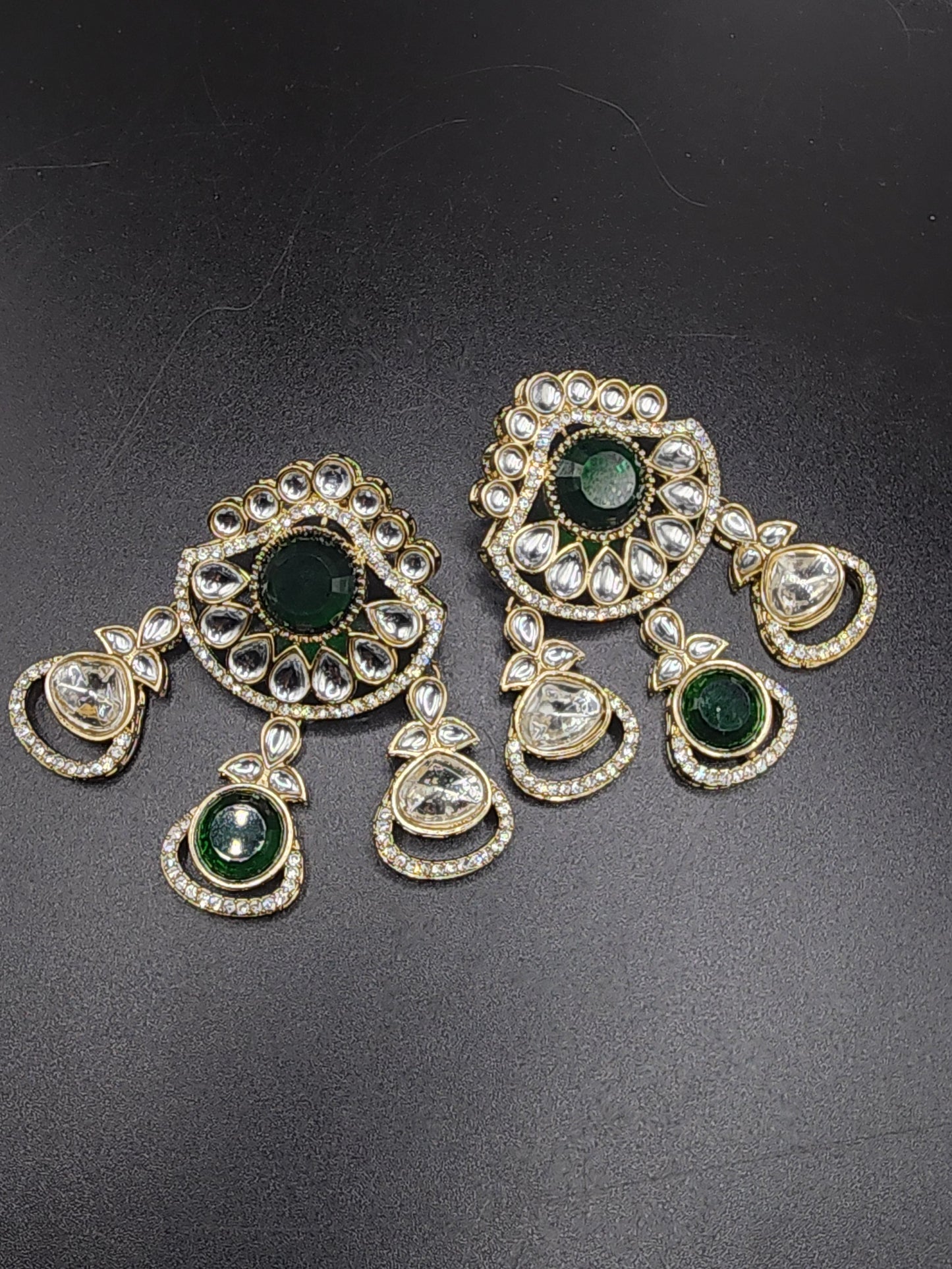 Emerald Green Kundan Statement Earrings with Crystal Drops – Royal Luxe