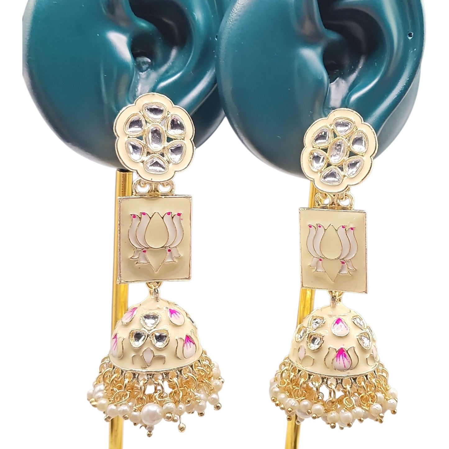 Cream Lotus Kundan Jhumka Earrings | Pearl Drop Indian Statement Earrings