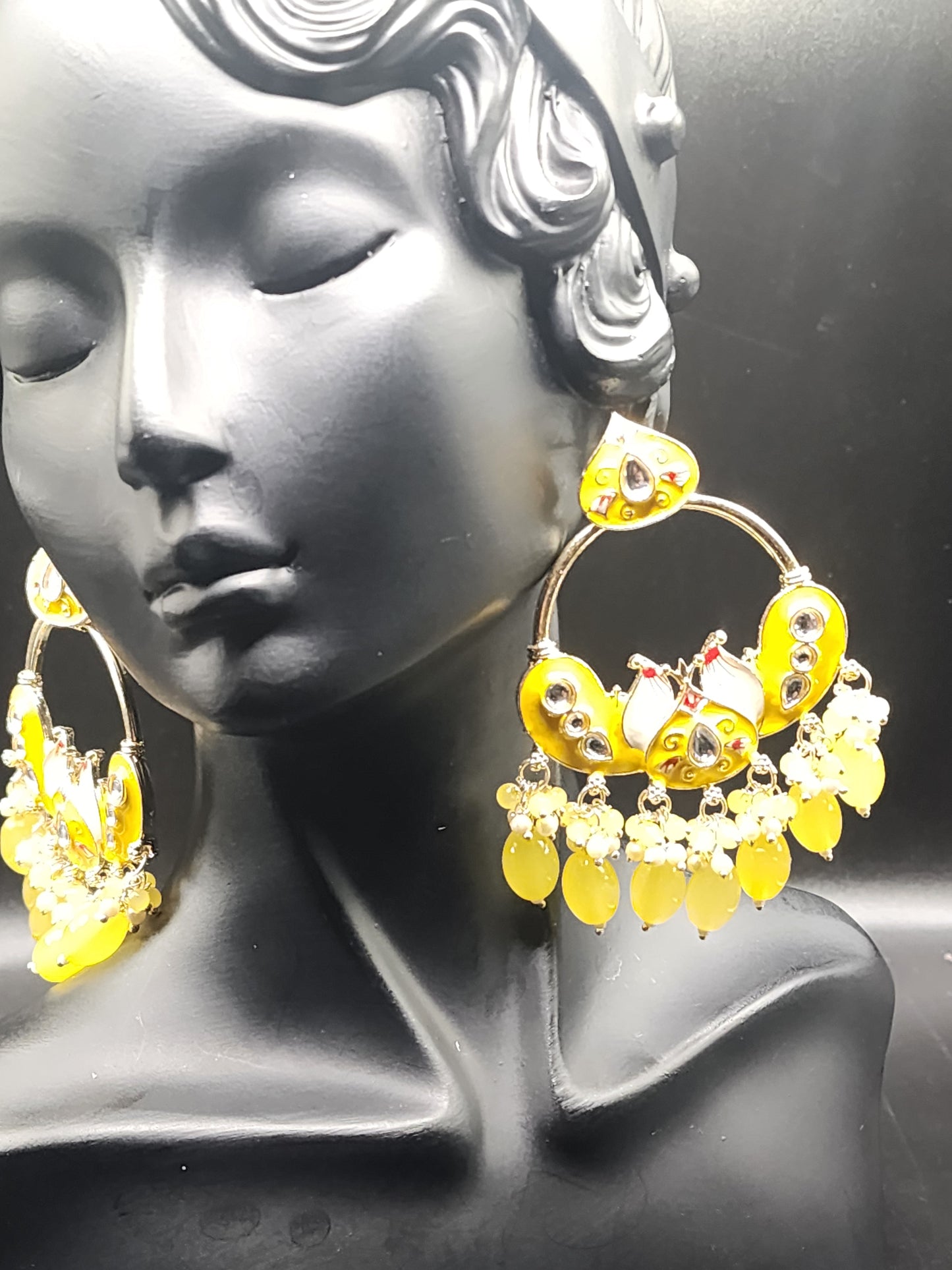 Sunshine Yellow Chandbali Earrings with Pearl Drops