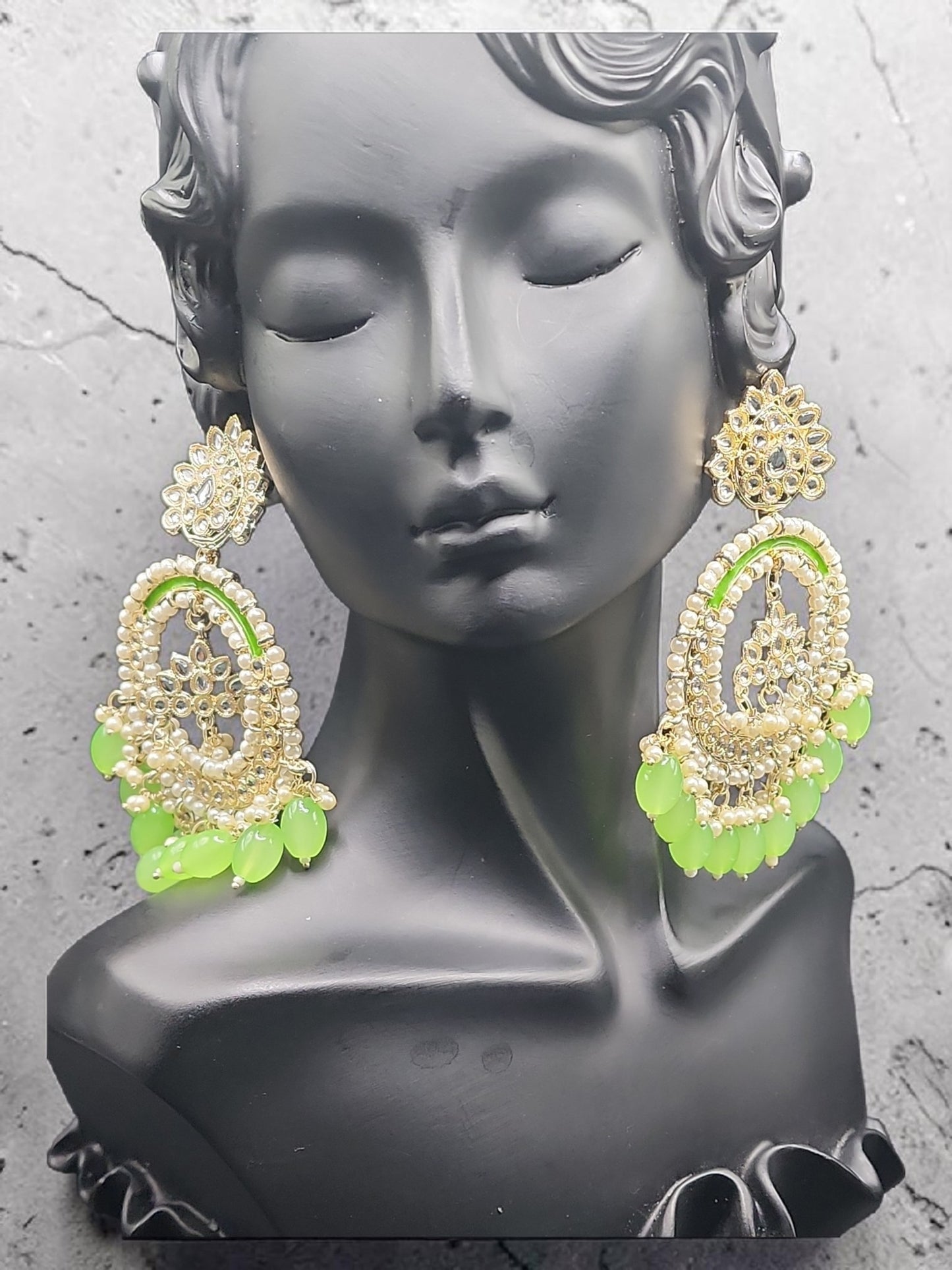 PSK ELEGANCE Neon Green Pearl Chandbali Earrings | Kundan Hoop Statement Indo-Western Jewelry