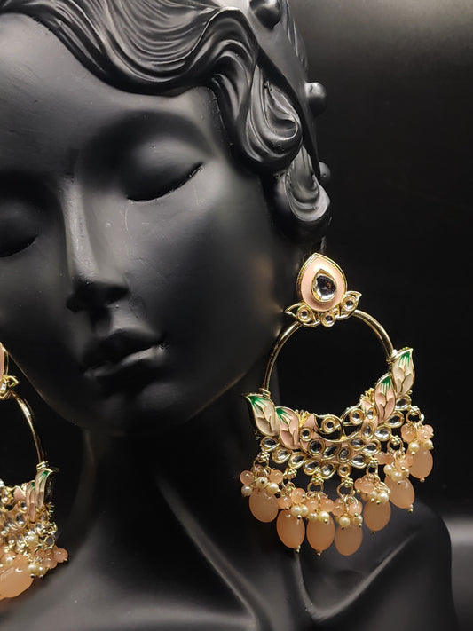 Peach Kundan Chandbali Earrings with Pearl Drops