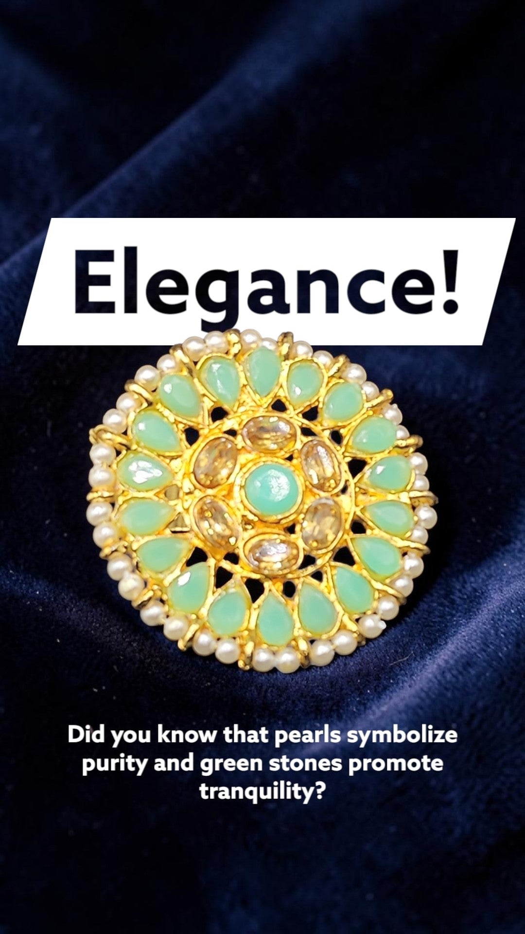 Mint Green Kundan Statement Ring | Gold Pearl Halo Floral Ring