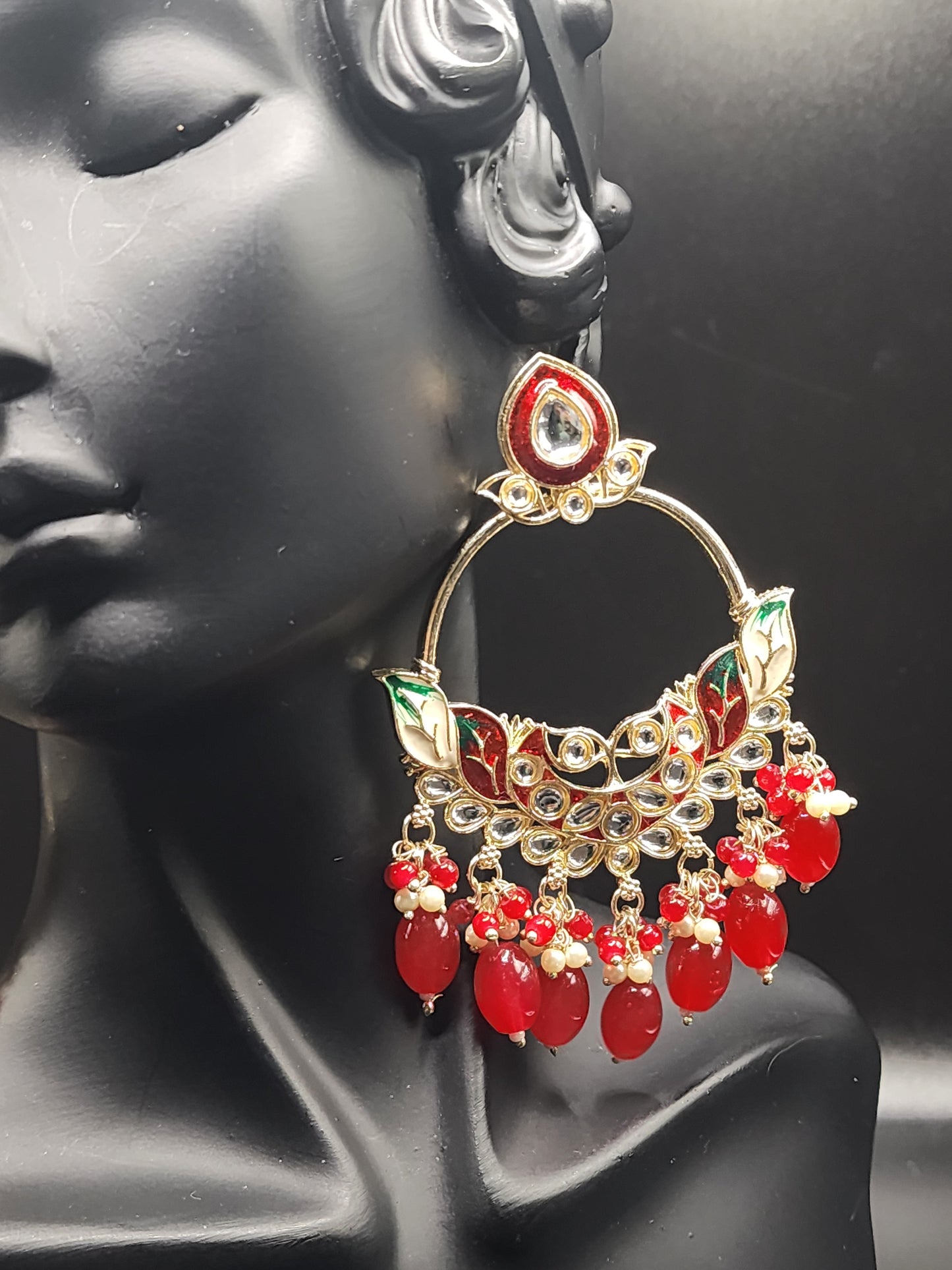 Red Meenakari Statement Hoop Earrings with Beaded Drops – Bridal Luxe