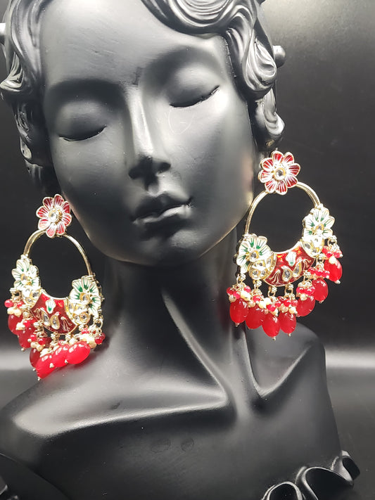 Red Floral Meenakari Statement Hoop Earrings with Bead Drops – Festive Luxe