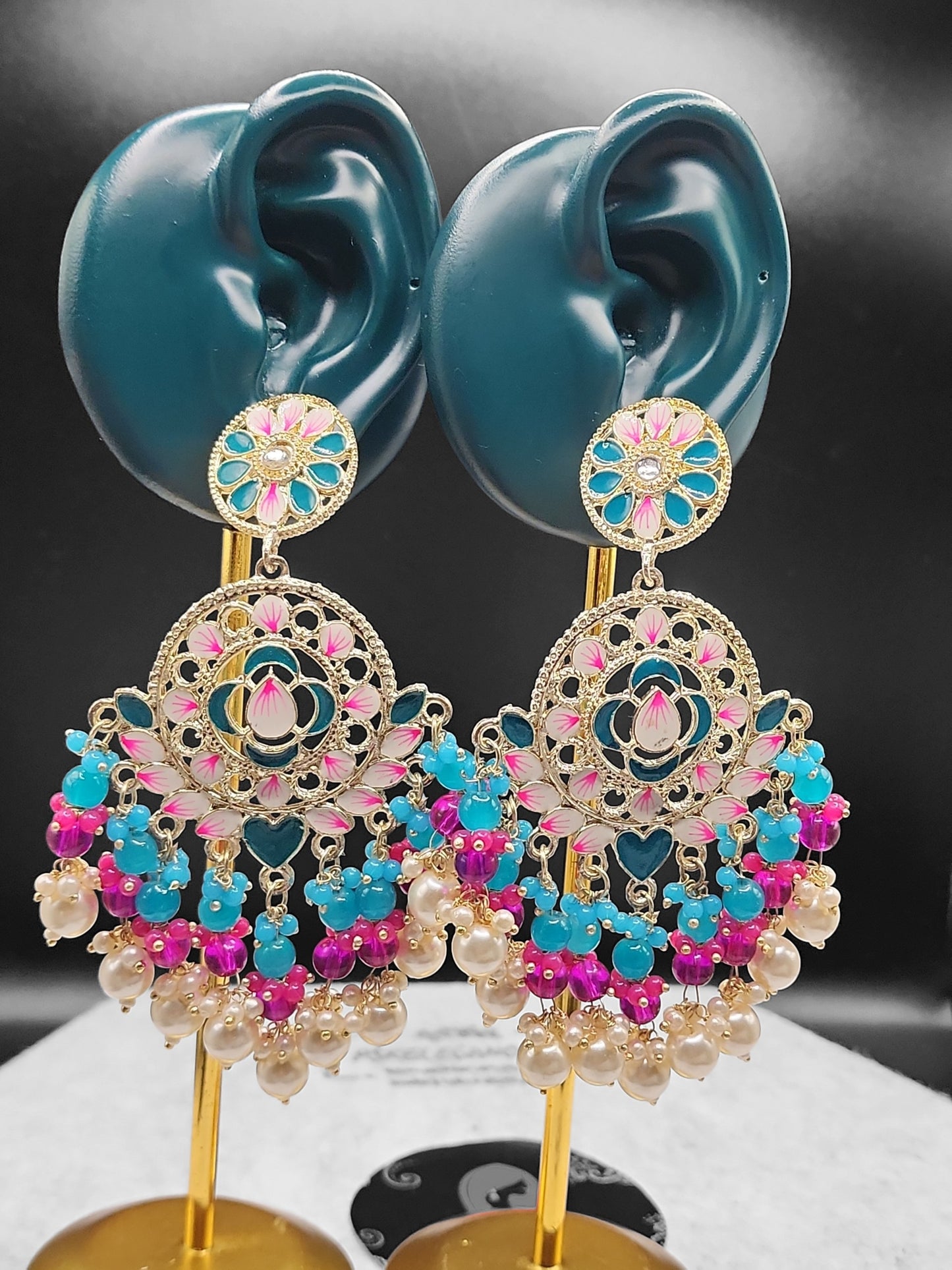 Turquoise Pink Floral Chandbali Earrings | Pearl Bead Indian Statement Earrings