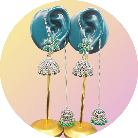 PSK ELEGANCE Emerald Floral Jhumka Chain Earrings | Silver Oxidized Double Drop Statement Jewelry