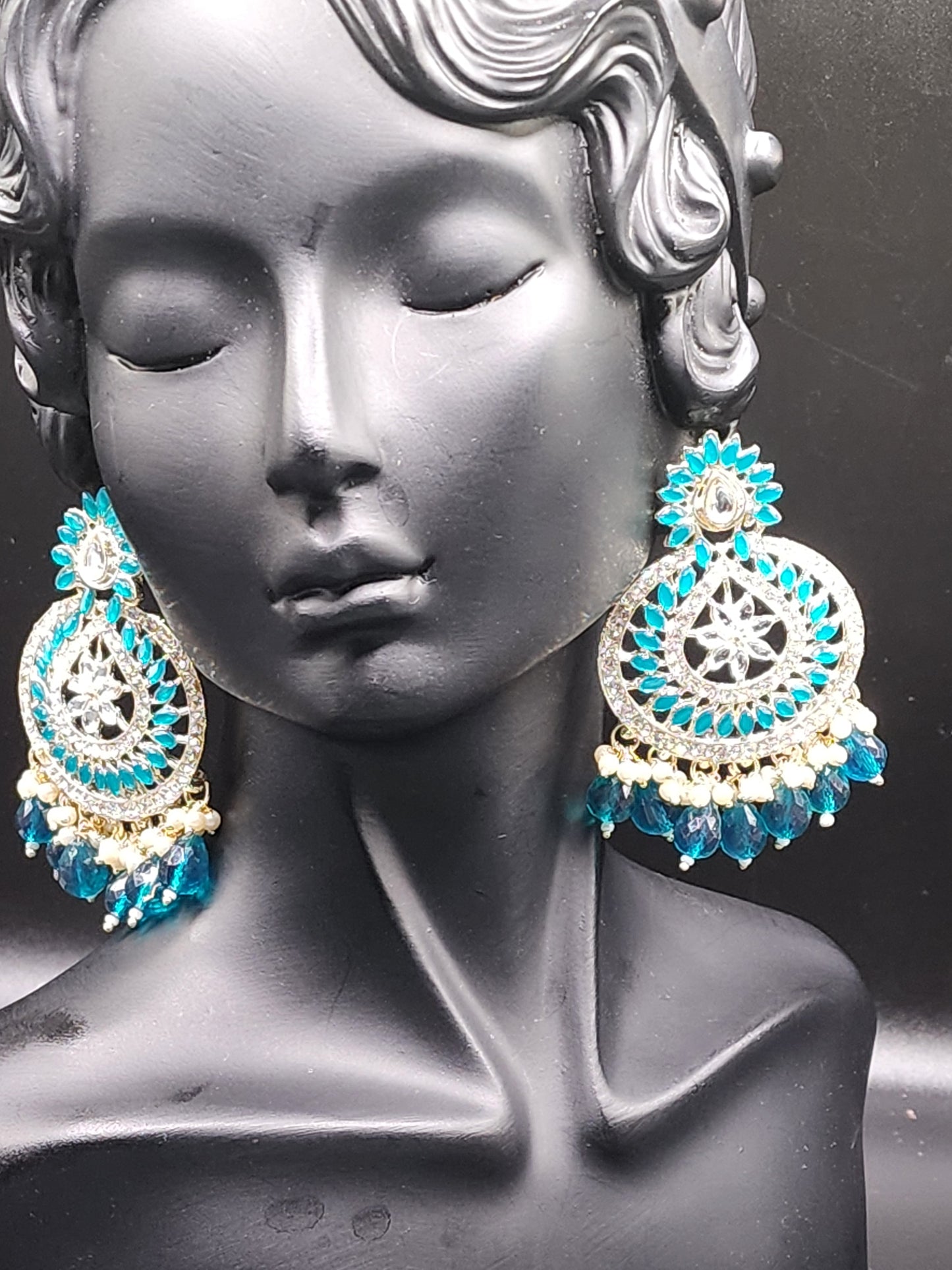 Teal Kundan Chandbali Earrings with Pearl & Bead Drops