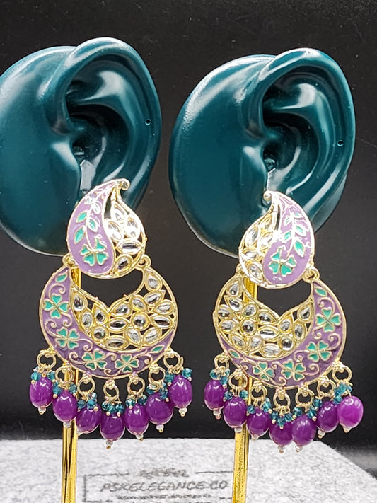 Lavender Paisley Kundan Chandbali Earrings | Purple Bead Indian Statement Earrings