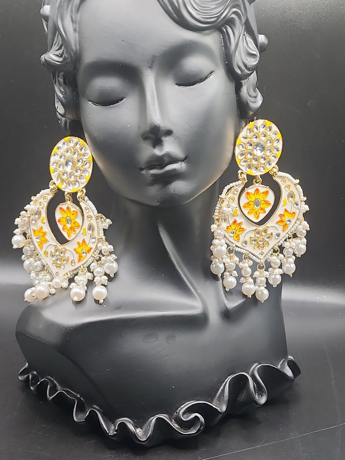 PSK ELEGANCE Ivory Meenakari Heart Chandbali Earrings | Floral Kundan Pearl Drop Statement Jewelry