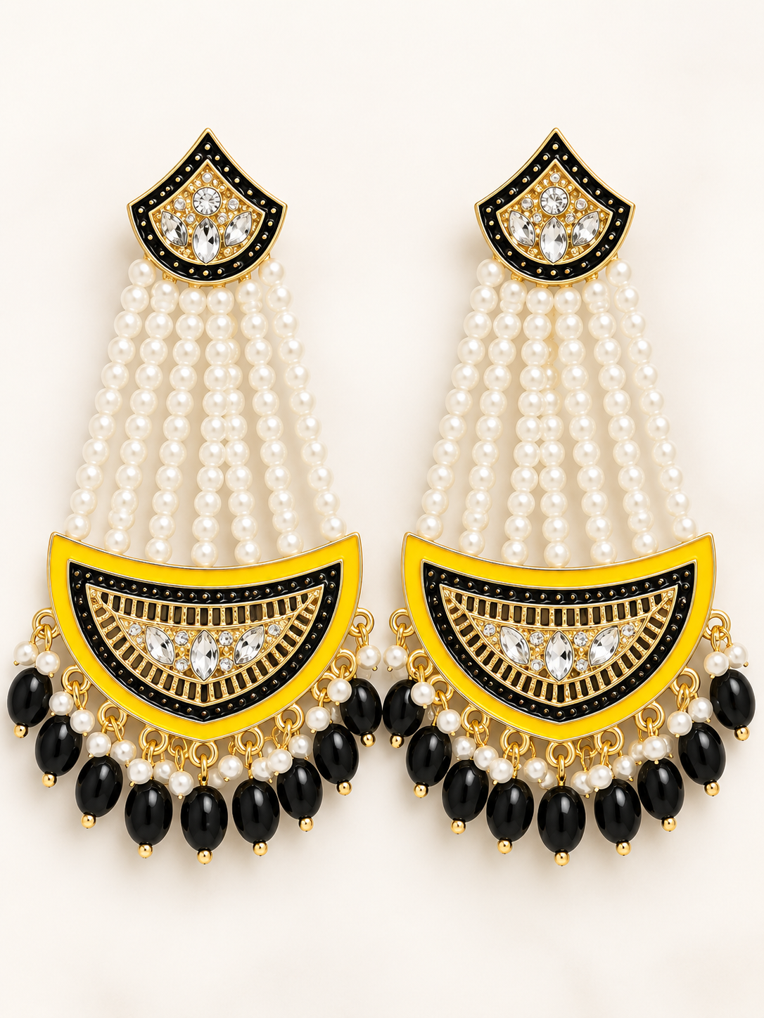 Black & Yellow Pearl Chandelier Earrings – Gold-Tone Statement Jhumkas