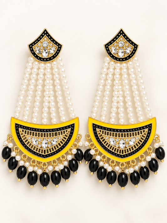 Black & Yellow Pearl Chandelier Earrings – Gold-Tone Statement Jhumkas