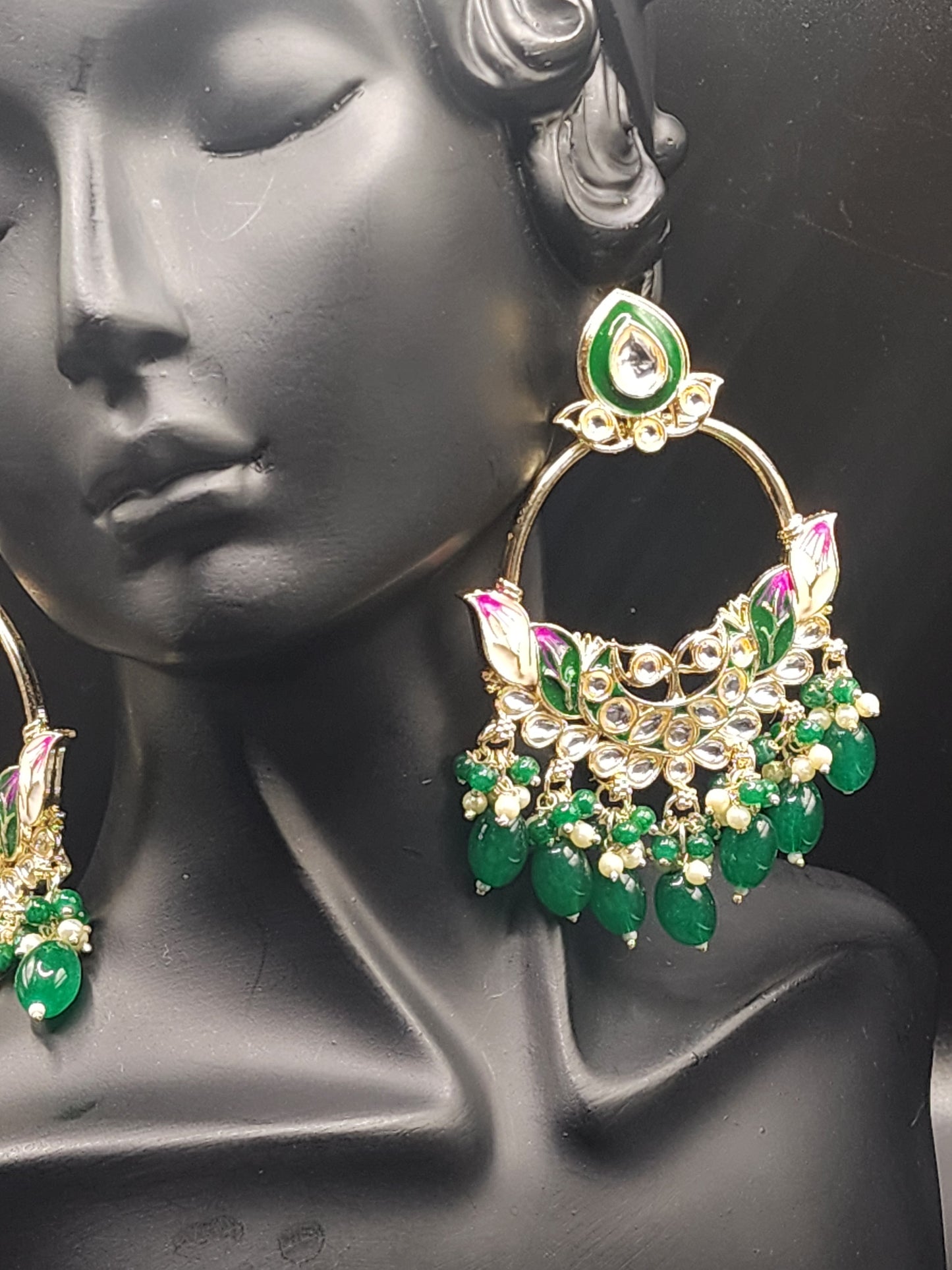 Green Meenakari Chandbali Earrings