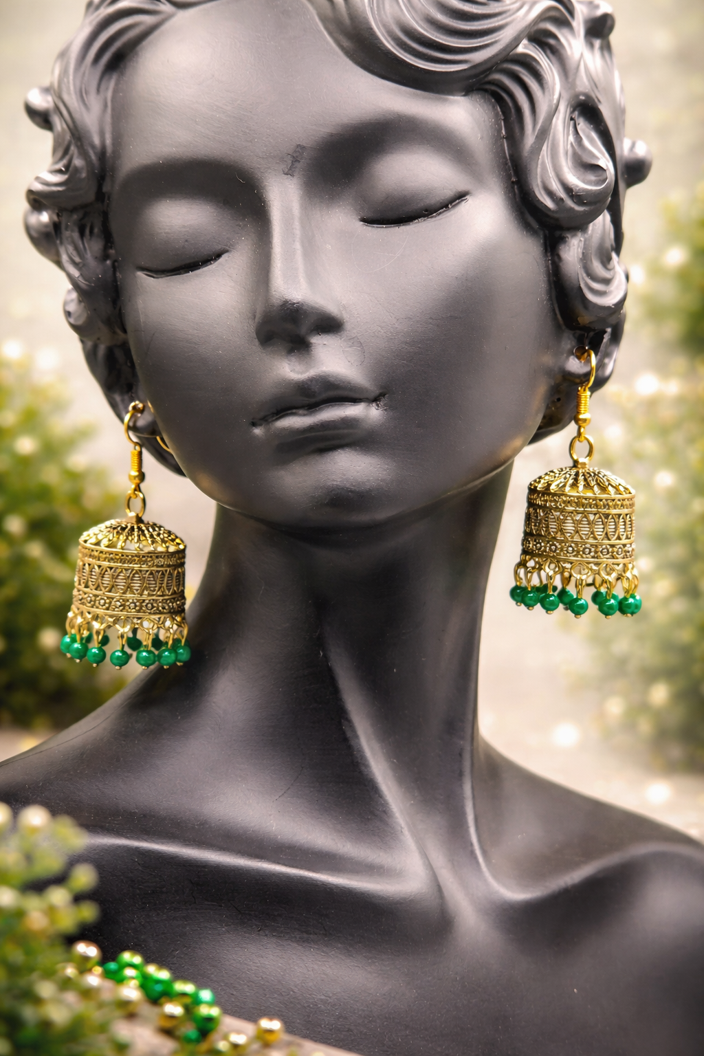 Pskelegance presents these exquisite gold jhumkas, adorned with emerald green drops.