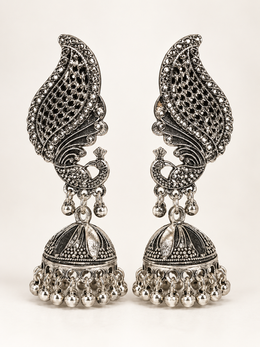Oxidized Silver Peacock Jhumka Earrings