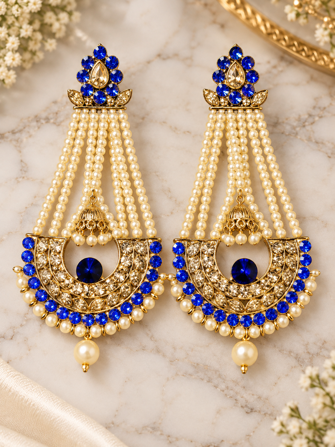 Royal Blue & Pearl Chandelier Earrings – Gold-Tone Indian Statement Jhumkas