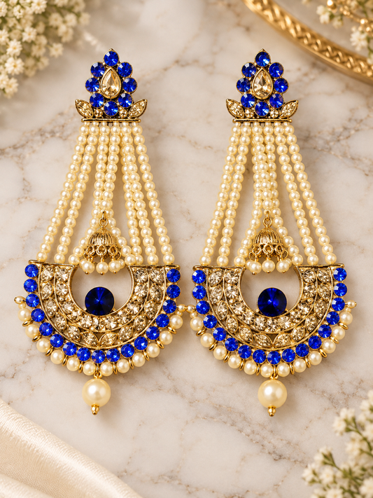 Royal Blue & Pearl Chandelier Earrings – Gold-Tone Indian Statement Jhumkas