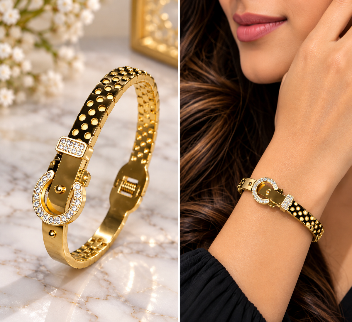 Gold-Tone Crystal Buckle Bangle Bracelet
