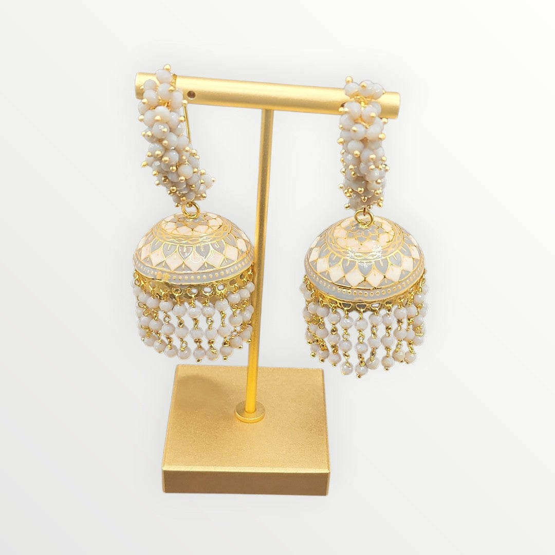 PSK ELEGANCE Ivory & Gold Meenakari Jhumka Earrings | Pearl Cluster Bridal Statement Jewelry