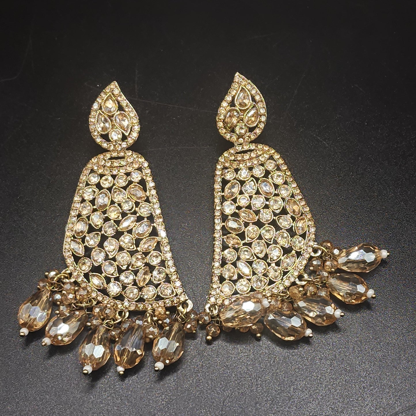 Champagne Crystal Statement Earrings with Gold Detailing – Luxe Glam Drop