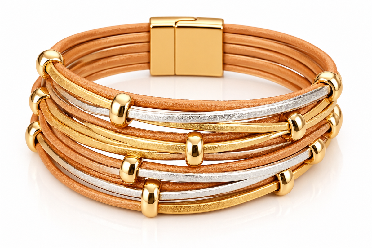 Women's Tan Multilayer PU Leather Bracelet – Gold & Silver Accents