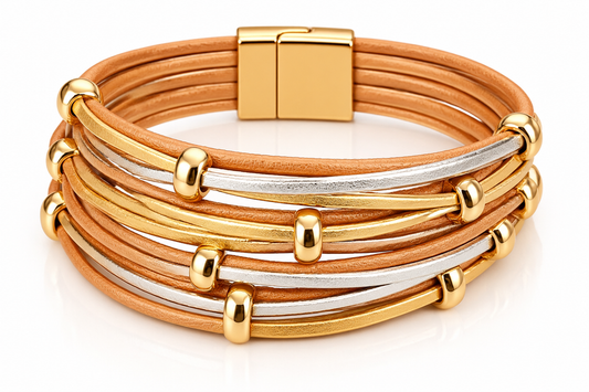 Women's Tan Multilayer PU Leather Bracelet – Gold & Silver Accents