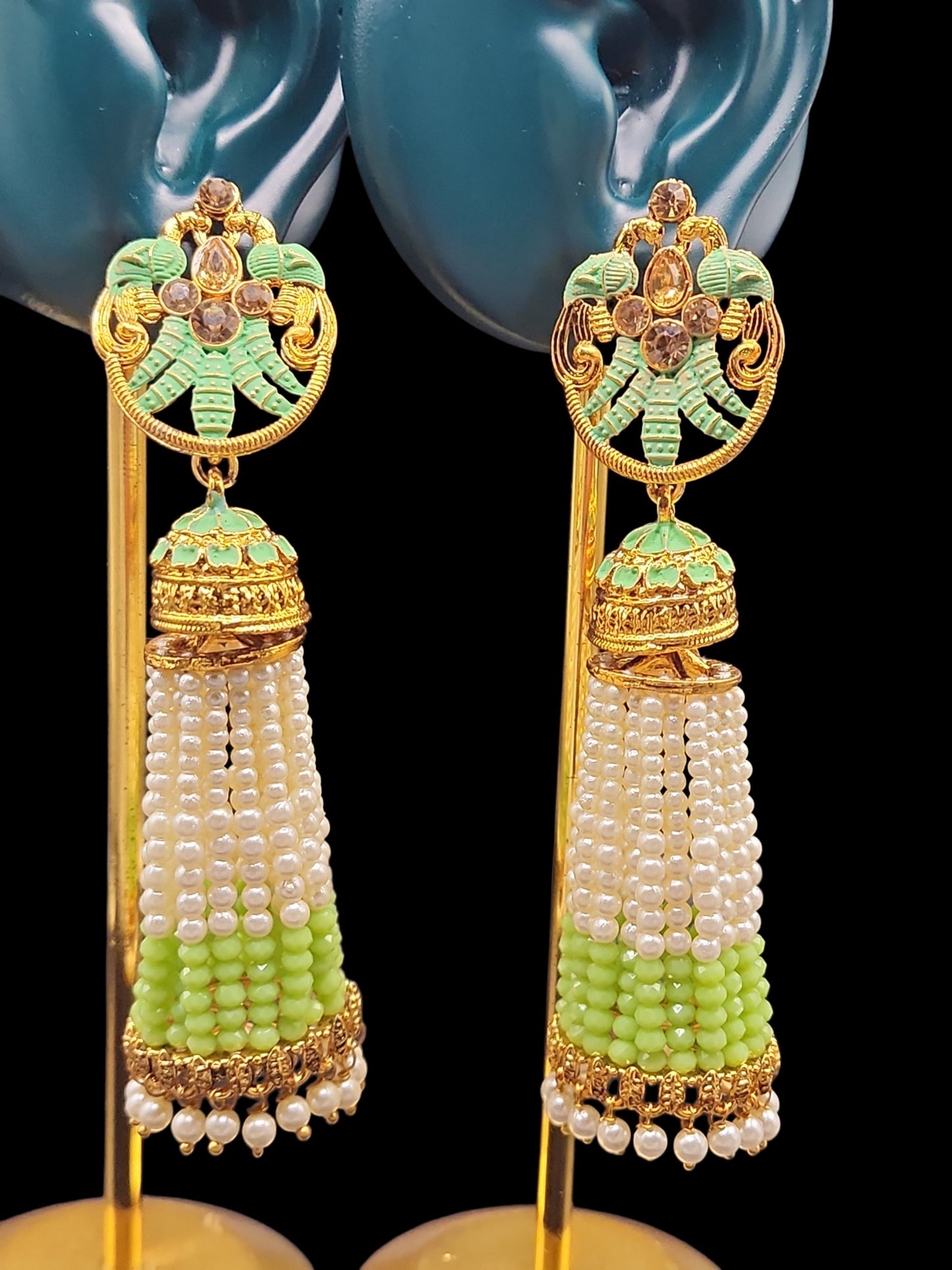 Mint Green Pearl Tassel Jhumka Earrings | Gold Indian Statement Earrings