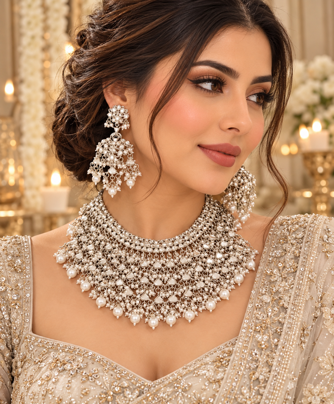 Silver Pearl Statement Choker Necklace Set | Indian Bridal Jewelry