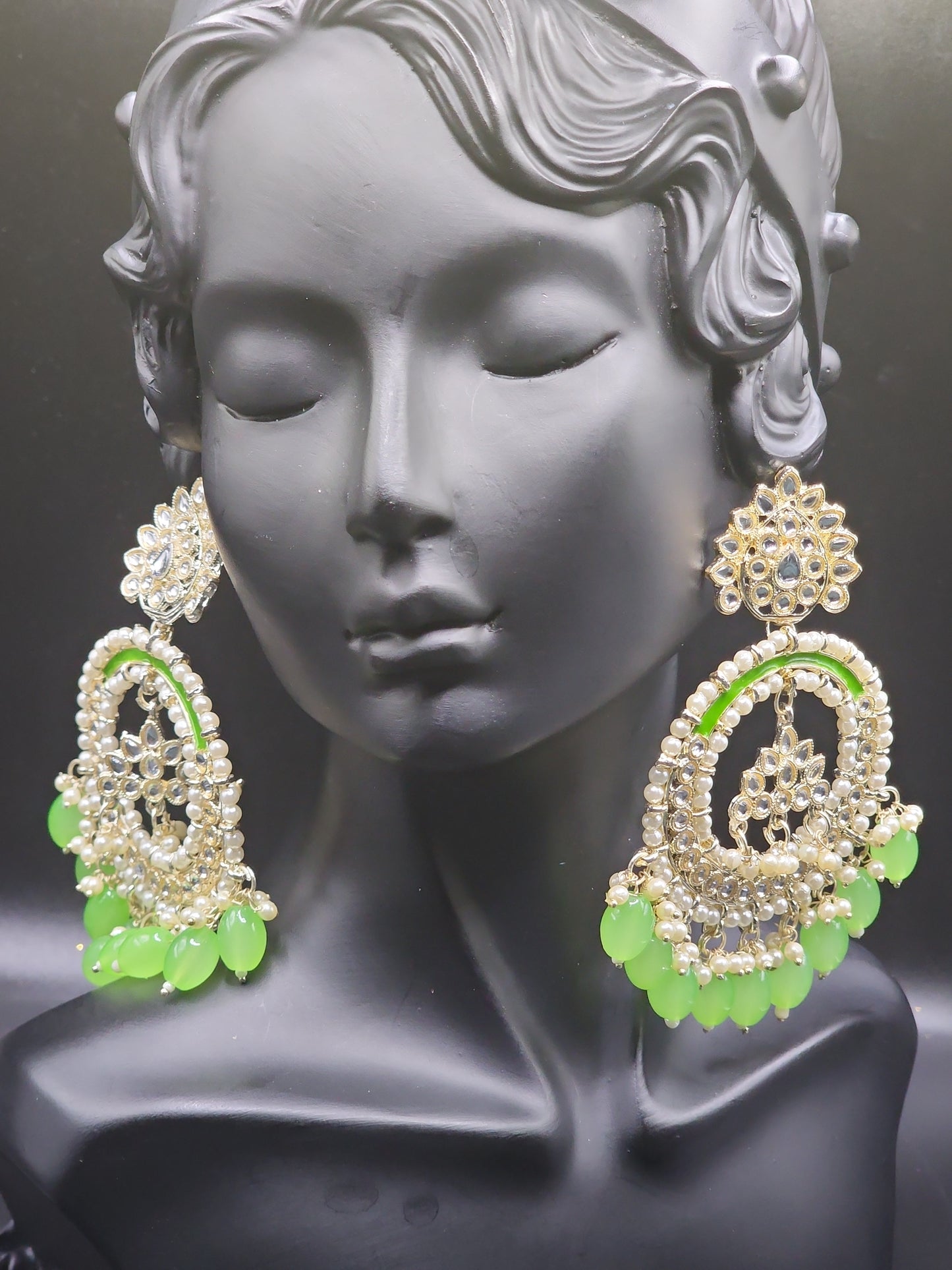 PSK ELEGANCE Neon Green Pearl Chandbali Earrings | Kundan Hoop Statement Indo-Western Jewelry