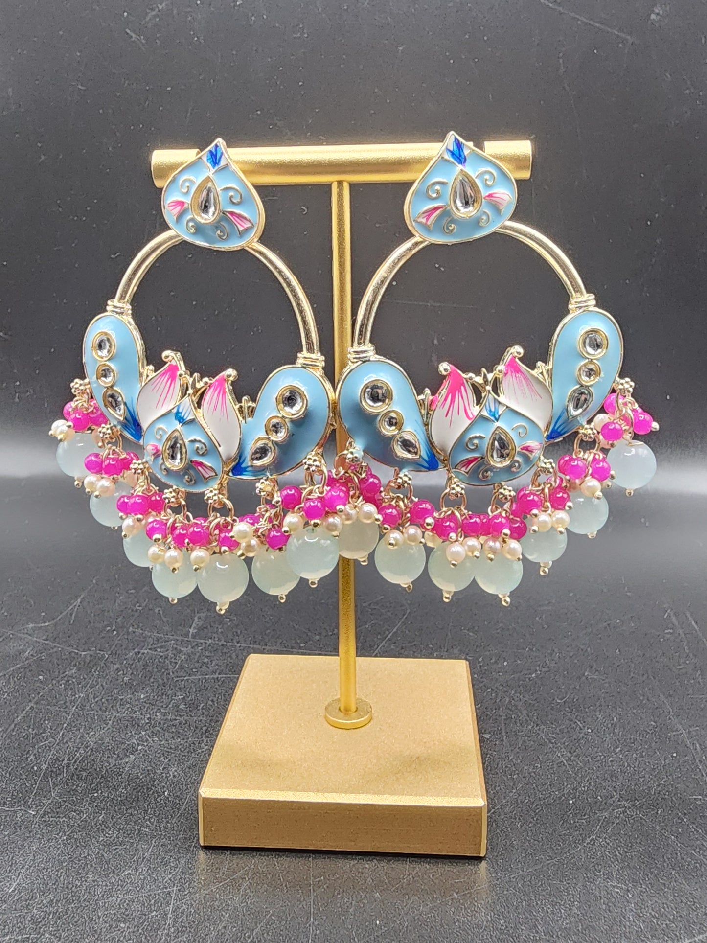 Pastel Sky Blue Meenakari Statement Hoop Earrings with Pink & Pearl Drops – Soft Luxe