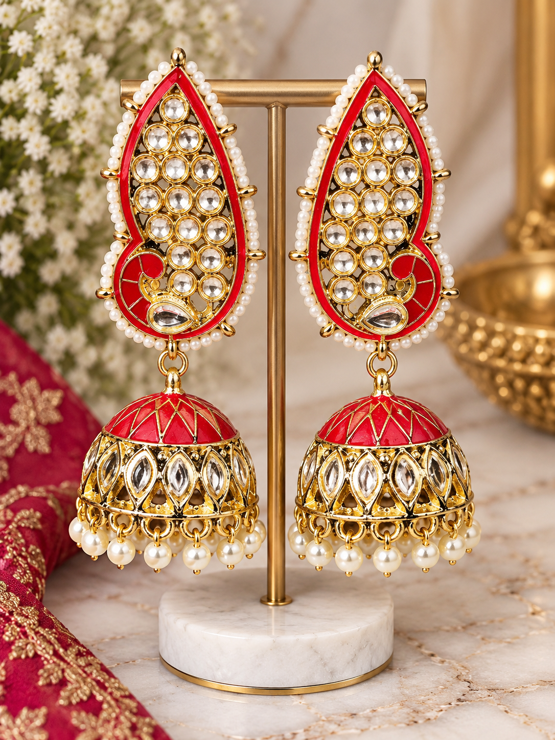 Red & Gold Kundan Jhumka Earrings with Pearl Accents – PSK ELEGANCE