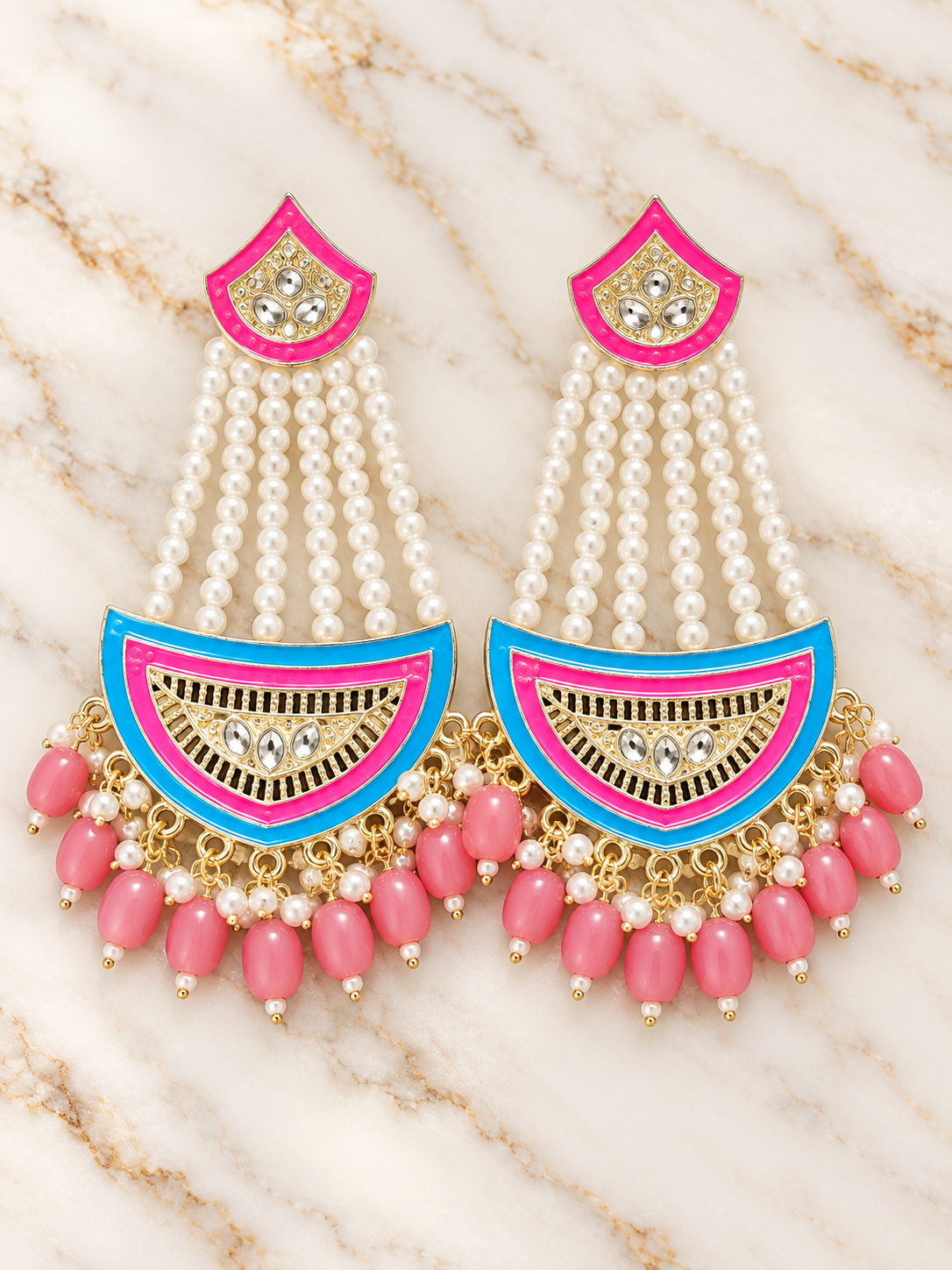 Hot Pink & Blue Pearl Chandelier Earrings with Gold-Tone Kundan Detailing | PSK ELEGANCE