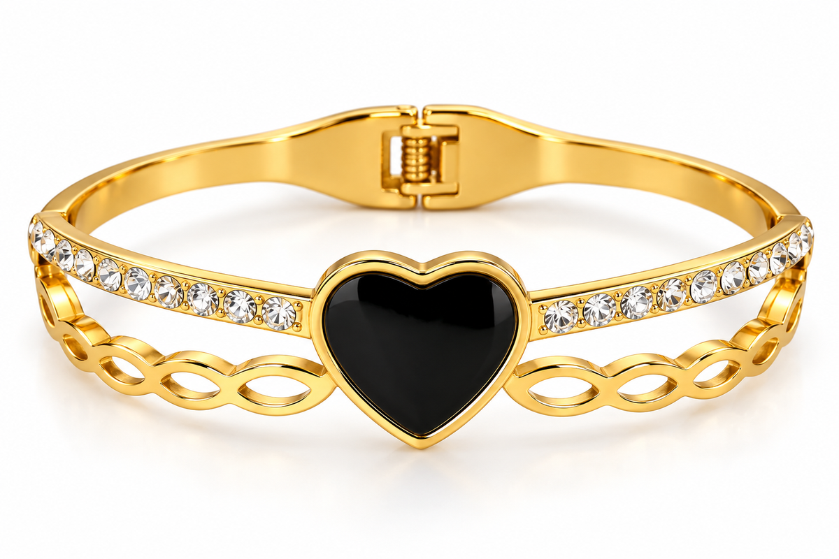 Gold-Tone Black Heart Crystal Cuff Bracelet