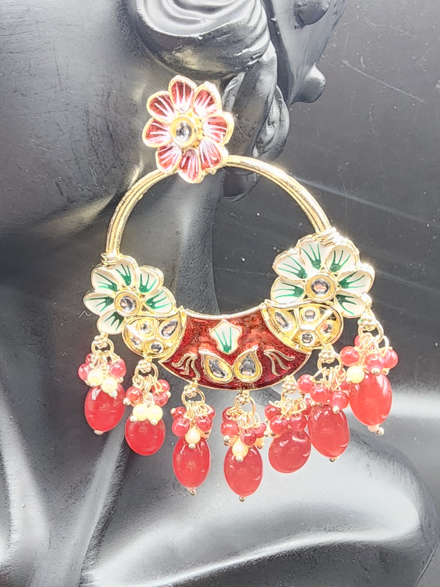 Red Floral Meenakari Statement Hoop Earrings with Bead Drops – Festive Luxe