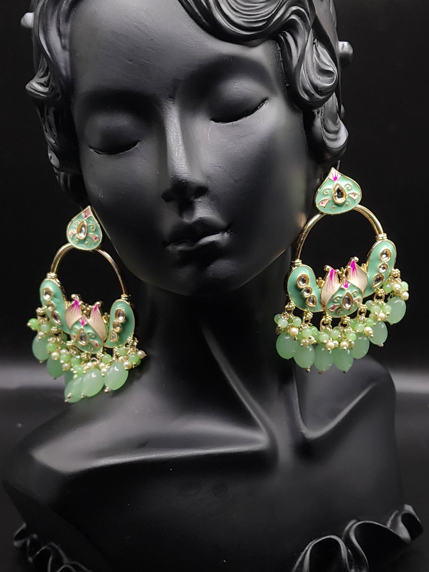 Mint Green Enamel Chandbali Earrings with Pearl Drops