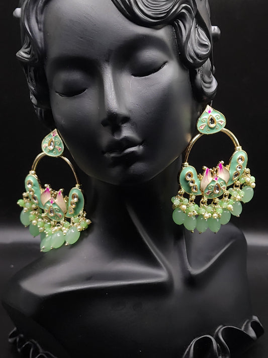 Mint Green Enamel Chandbali Earrings with Pearl Drops