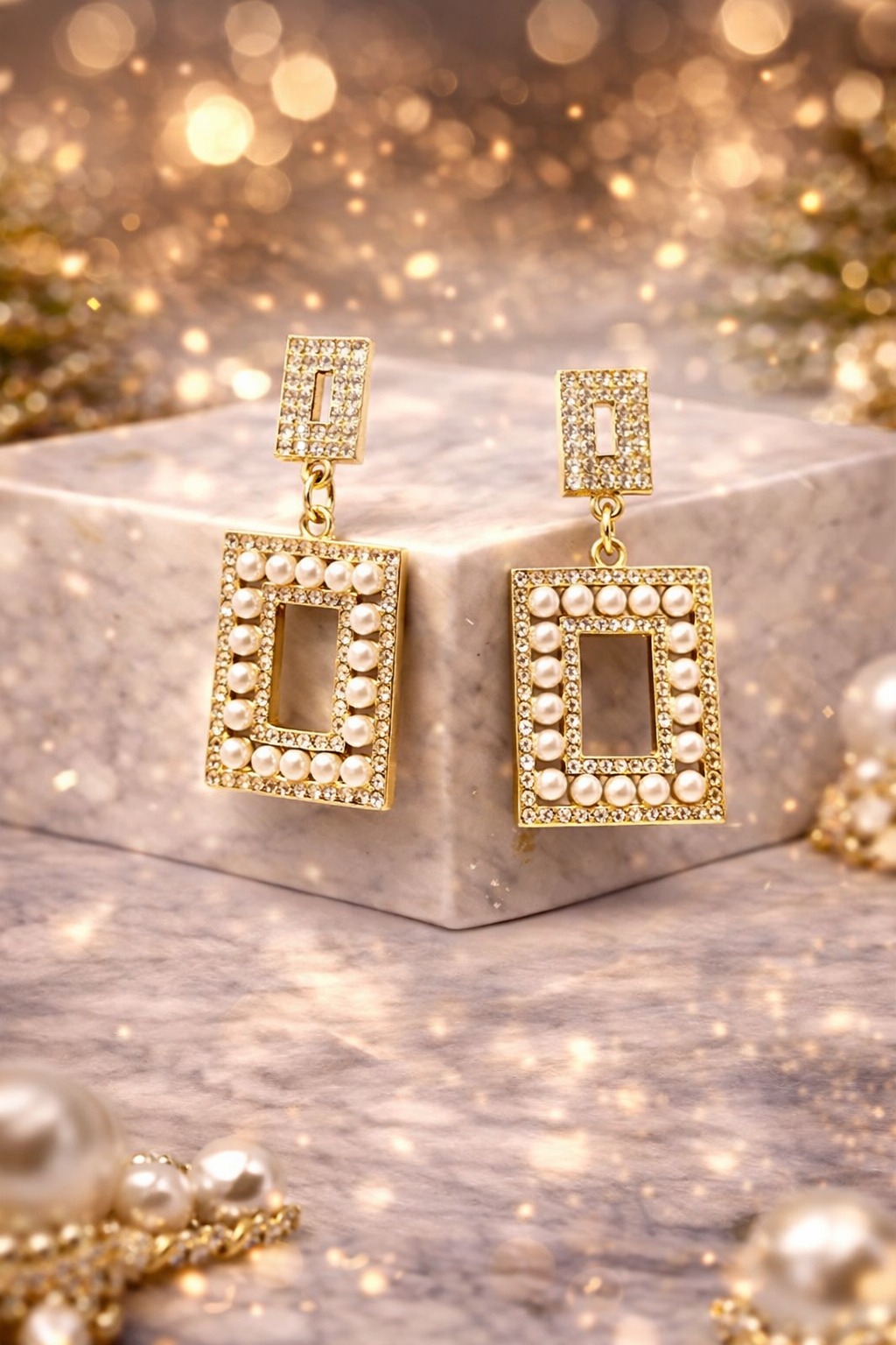 Pearl white gold-toned drop earrings.