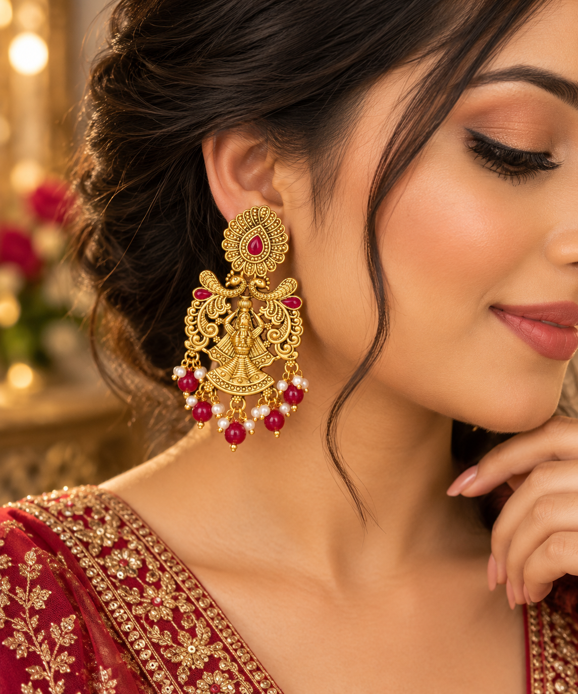 Red & Gold Peacock Statement Earrings