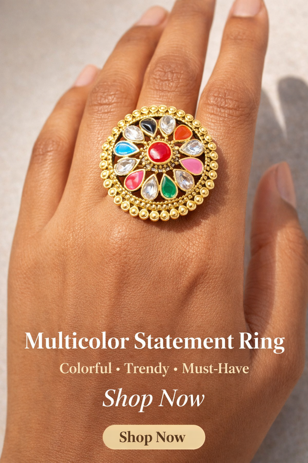 Multicolor Kundan Statement Ring | Gold Festival Floral Ring