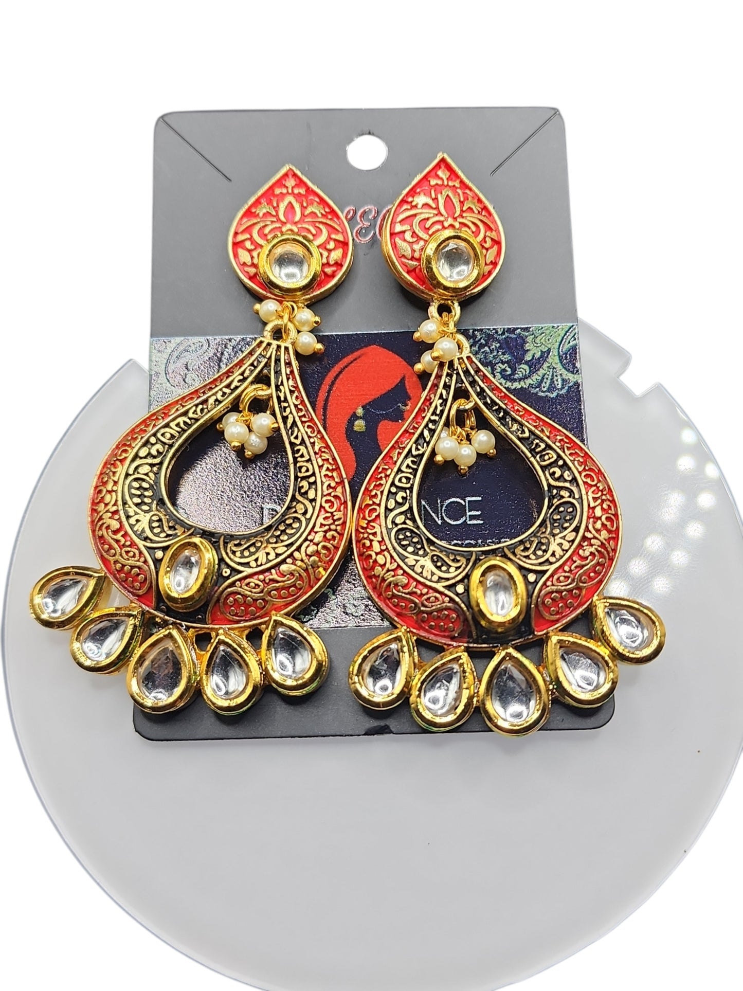 PSK ELEGANCE Red & Gold Kundan Chandbali Earrings with Pearl Drops | Traditional Indian Statement Jewelry