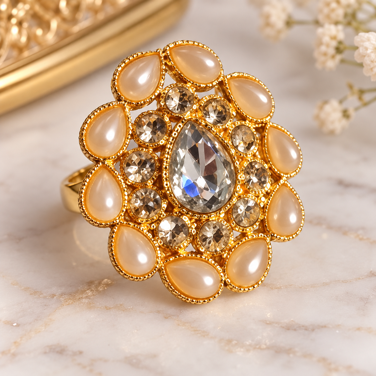 Champagne Pearl Statement Cocktail Ring | Gold-Tone Freestyle Ring