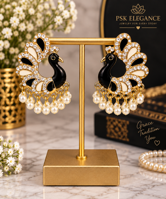 Black & Ivory Peacock Statement Earrings