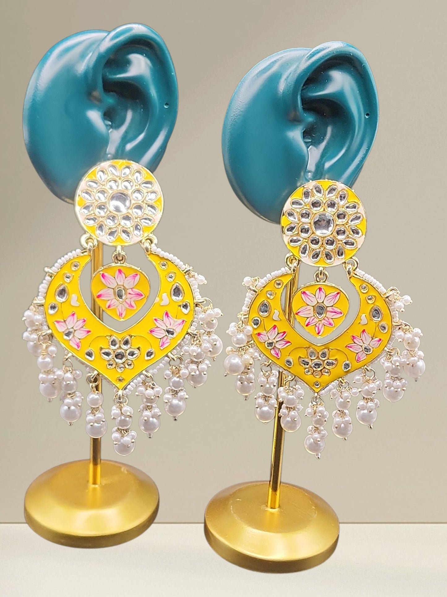 PSK ELEGANCE Yellow Meenakari Heart Chandbali Earrings | Floral Kundan Pearl Drop Statement Jewelry